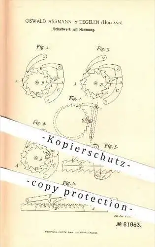 original Patent - Oswald Assmann in Tegelen , Holland , 1894 , Schaltwerk mit Hemmung , Maschinen !!!