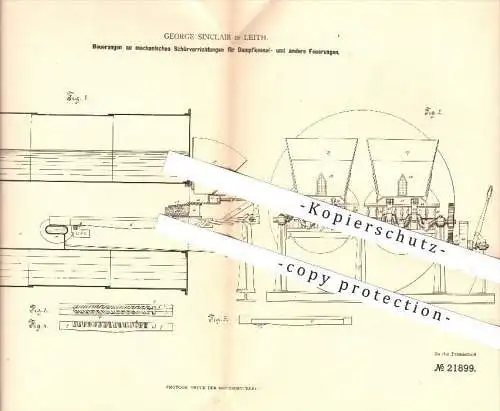 original Patent - George Sinclair , Leith , 1882 , mechanische Schürvorrichtungen für Dampfkessel - u. andere Feuerungen