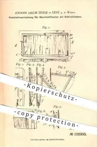 original Patent - Johann Jakob Eisele in Lehe , Weser , 1898 , Oberlichtfenster mit Schließfedern , Fenster , Fensterbau