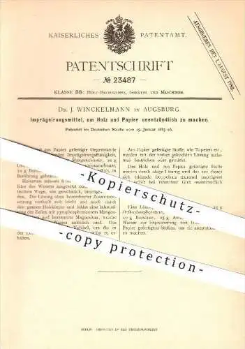 original Patent - Dr. J. Winckelmann , Augsburg , 1883 , Imprägnierung , um Holz u. Papier unentzündlich zu machen !!!