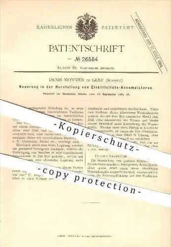 original Patent - Denis Monnier in Genf , Schweiz , 1883 , Herstellung von Elektrizitäts - Akkumulatoren , Elektrik