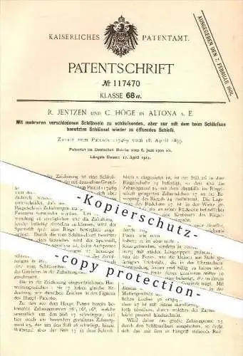 original Patent - R. Jentzen , C. Höge in Altona , 1900 , Schloss mit mehreren Schlüsseln , Türschloss , Tür , Schlosser