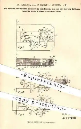 original Patent - R. Jentzen , C. Höge in Altona , 1900 , Schloss mit mehreren Schlüsseln , Türschloss , Tür , Schlosser