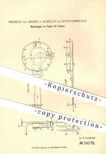 original Patent - Wilhelm vom Heede in Borbach bei Radevormwald , 1879 , Fallen für Tiere , Tierfallen , Tier , Jagd !