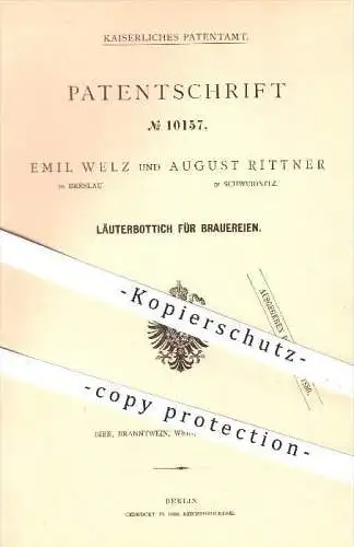 original Patent - Emil Welz in Breslau , August Rittner in Schweidnitz , 1880 , Läuterbottich für die Brauerei , Bier !!