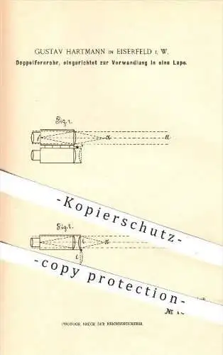 original Patent - Gustav Hartmann , Eiserfeld , 1898 , Verwandlung vom Doppel - Fernrohr in eine Lupe , Fernglas !!!