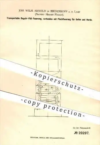 original Patent - Joh. Wilh. Arnold , Biedenkopf , Lahn , 1884 , Regulier - Feuerung mit Flachfeuerung für Ofen & Herd !