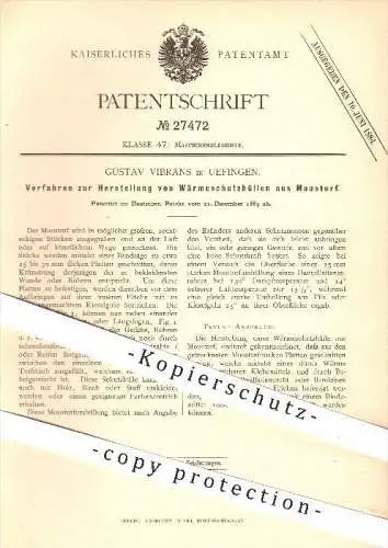 original Patent - Gustav Vibrans in Uefingen , 1883 , Wärmeschutzhüllen aus Moostorf , Wärmeschutz , Torf !!!