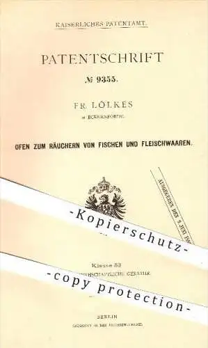 original Patent - Fr. Lölkes , Eckernförde ,1879, Ofen zum Räuchern von Fisch & Fleisch , Räucherofen , Öfen , Ofenbauer