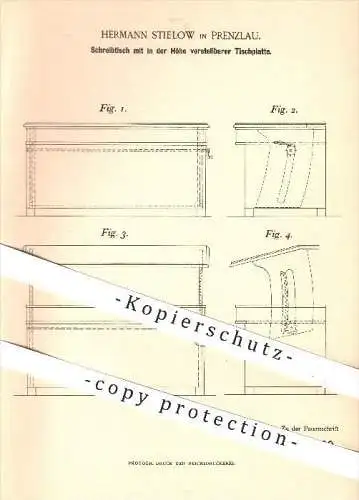 original Patent - Hermann Stielow in Prenzlau , 1895 , Schreibtisch mit verstellbarer Tischplatte , Tisch , Tische !!