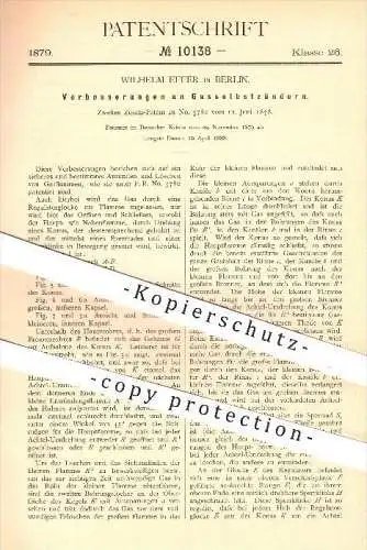 original Patent - Wilhelm Effer , Berlin , 1879 , Gas - Selbstzünder , Zünder , Flamme , Feuer , Brenner , Gasbereitung