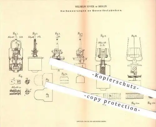 original Patent - Wilhelm Effer , Berlin , 1879 , Gas - Selbstzünder , Zünder , Flamme , Feuer , Brenner , Gasbereitung