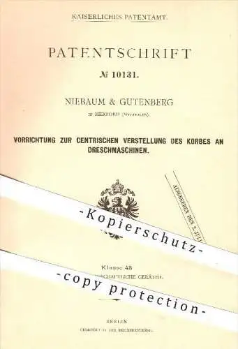 original Patent - Niebaum & Gutenberg , Herford ,1880, Verstellen vom Korb an Dreschmaschine , Dreschen , Landwirtschaft