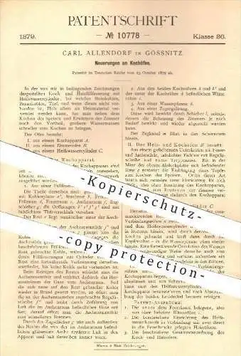 original Patent - C. Allendorf , Gössnitz , 1879 , Kochofen , Ofen , Öfen , Ofenbauer , Kochen , Herd , Herde , Heizung