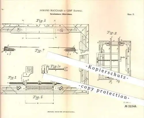 original Patent - Armand Mauchain in Genf , Schweiz , 1884 , Verschiebbarer Bilderrahmen , Bild , Bilder , Rahmen , Foto