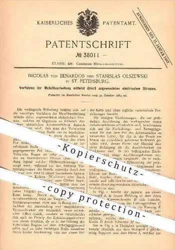 original Patent - Nicolas v. Benardos , Stanislas Olszewski , St. Petersburg , 1885, Metallbearbeitung mit elektr. Strom