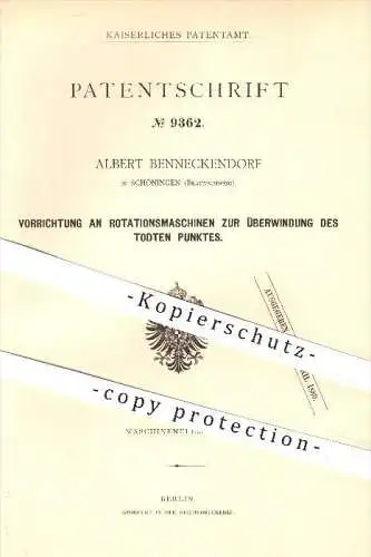 original Patent - Albert Bennenckendorf in Schöningen , 1879 , Rotationsmaschinen zur Überwindung des toten Punktes !!!