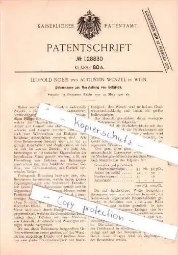 Original Patent - Leopold Nobis und A. Wenzel in Wien , 1901 , Betonmasse zur Herstellung von Gefäßen!!!