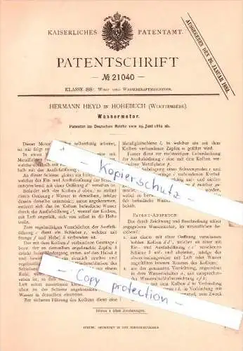 Original Patent - Hermann Heyd in Hohebuch b. Waldenburg , Württemberg , 1882 , Wassermotor !!!