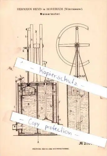 Original Patent - Hermann Heyd in Hohebuch b. Waldenburg , Württemberg , 1882 , Wassermotor !!!