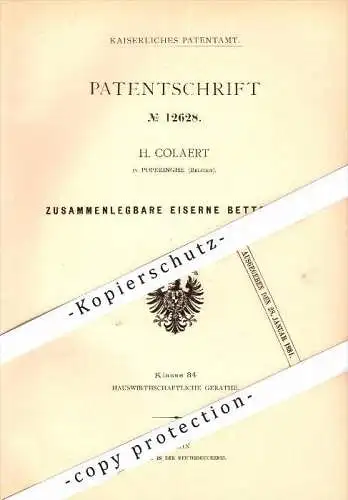 Original Patent - H. Colaert in Poperinge , Belgium , 1880 , zusammenlegbares Eisen-Bett !!!