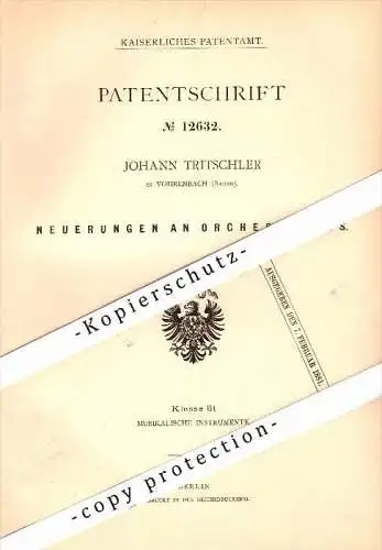 Original Patent - Johann Tritschler in Vöhrenbach , Baden , 1880 , Orchestrion , Orgel , Kirche , Kirchenmusik !!!