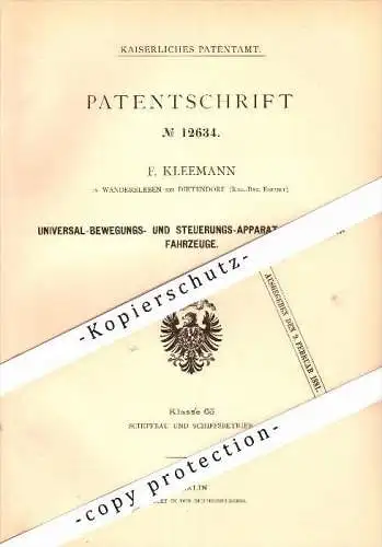 Original Patent - F. Kleemann in Wandersleben b. Gotha , 1880 , Steuerungsapparat für Boote , Dietendorf , Erfurt !!!