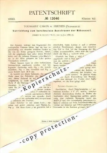 Original Patent - Toussaint Caron à Aniche , France , 1880 , Diffusion de semis , Agriculture !!!