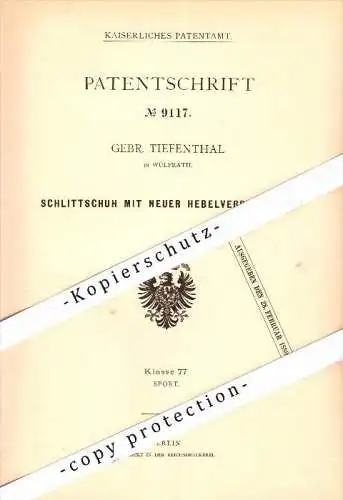 Original Patent - Gebrüder Tiefenthal in Wülfrath , 1879 , Schlittschuh mit Hebelverstellung , Eiskunstlauf , Mettmann