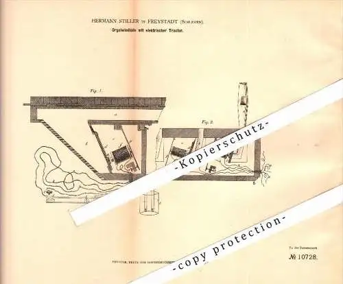 Original Patent - H. Stiller in Freystadt / Kozuchów , Schlesien ,1880, Orgel-Windlade mit elektrischer Tractur , Kirche