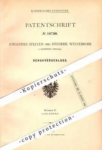 Original Patent - J. Steffen und H. Winterboer in Elmshorn , 1880 , Schuhverschluß , Schuhmacher , Schuster , Schuhe !!!