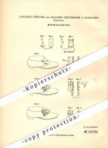 Original Patent - J. Steffen und H. Winterboer in Elmshorn , 1880 , Schuhverschluß , Schuhmacher , Schuster , Schuhe !!!