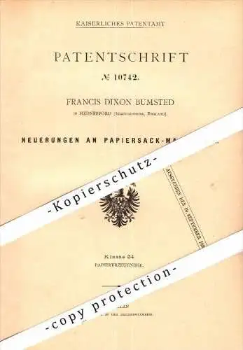 Original Patent - Francis Dixon Bumsted in Hednesford , Staffordshire , 1879 , Paper bag machine !!!