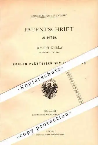 Original Patent - Joseph Kubla in Köben a.d. Oder / Chobienia , 1880 , Kohle-Bügeleisen mit Ventilator , Schlesien !!!