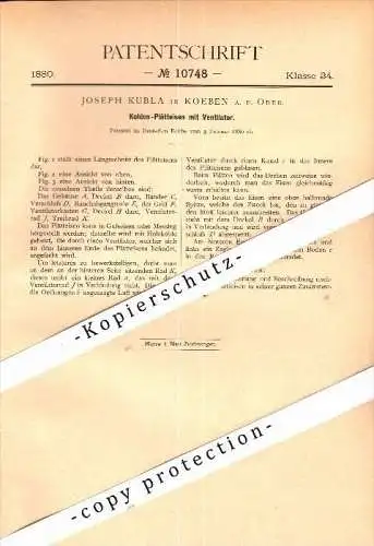 Original Patent - Joseph Kubla in Köben a.d. Oder / Chobienia , 1880 , Kohle-Bügeleisen mit Ventilator , Schlesien !!!