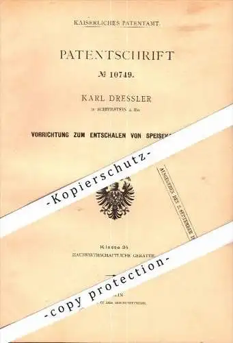 Original Patent - Karl Dressler in Schierstein b. Wiesbaden , 1880 , Entschalung von Kartoffeln , Landwirtschaft , Agrar