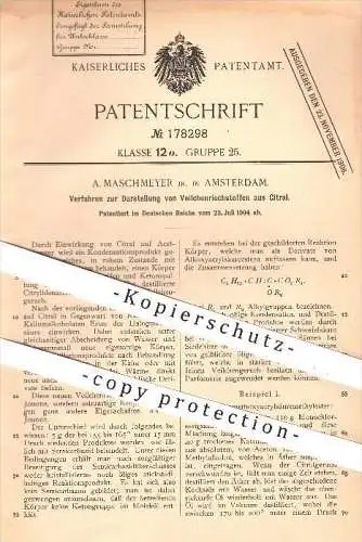 original Patent - A. Maschmeyer , Amsterdam , 1904 , Darstellung von Veilchen - Riechstoff aus Zitral , Duft , Chemie !!