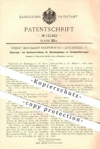 original Patent - Robert B. Fickenwirth , Lengenfeld i. V. , 1900 , Sichern u. Auslösen von Kupplungen an Eisenbahnen !!