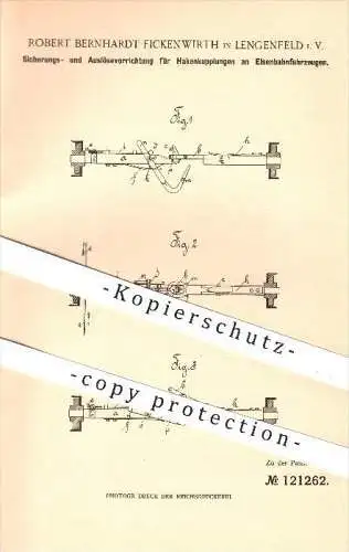 original Patent - Robert B. Fickenwirth , Lengenfeld i. V. , 1900 , Sichern u. Auslösen von Kupplungen an Eisenbahnen !!