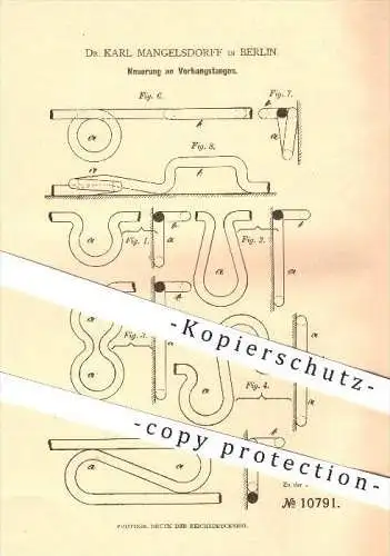 original Patent - Dr. Karl Mangesdorff in Berlin , 1880 , Vorhangstange , Stange , Gardinen , Vorhänge , Stoffe , Dekor