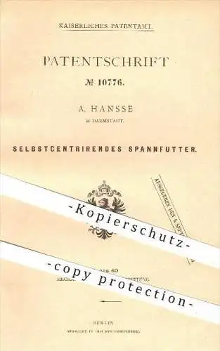 original Patent - A. Hansse in Darmstadt , 1880 , Selbstzentrierendes Spannfutter , Draht , Bohrer , Bohren , Metall !!