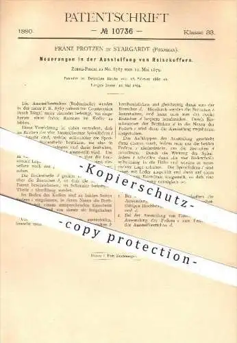 original Patent - Franz Protzen in Stargardt , Pommern , 1880 , Aussteifung von Reisekoffern , Koffer , Reisegepäck !!!