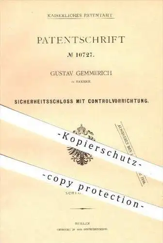 original Patent - G. Gemmerich , Barmen , 1880 , Sicherheitsschloss mit Kontrolle , Schloss , Möbelschloss , Schlosser !