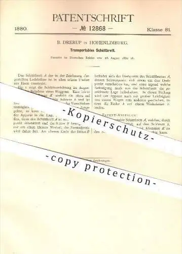 original Patent -  B. Drerup in Hohenlimburg , 1880 , Transportables Schüttbrett , Transport , Verladung , Wagon !!!