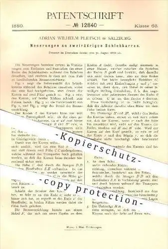 original Patent - Adrian Wilhelm Pletsch , Salzburg , 1880 , zweirädrige Schiebkarre , Karre , Karren , Wagen , Wagenbau