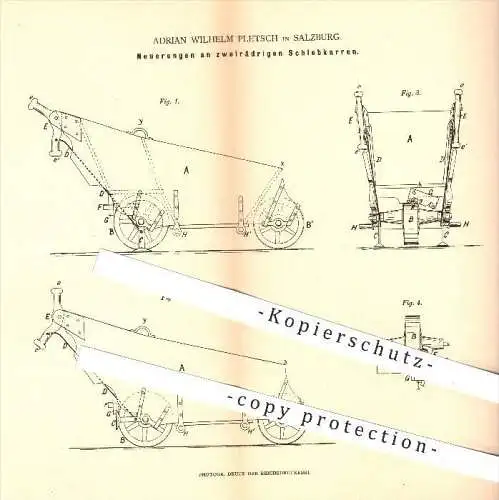 original Patent - Adrian Wilhelm Pletsch , Salzburg , 1880 , zweirädrige Schiebkarre , Karre , Karren , Wagen , Wagenbau