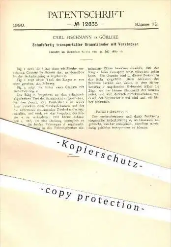 original Patent - Carl Fischmann , Görlitz , 1880 , Schussfertiger Granatzünder , Granaten , Waffen , Geschosse , Zünder