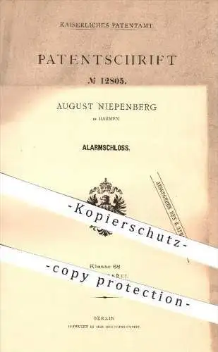 original Patent - August Niepenberg in Barmen , 1880 , Alarm - Schloss , Türschloss , Tür , Signal , Schlosser !!!