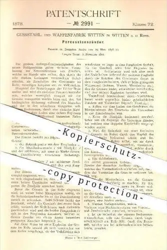 original Patent - Gussstahl- und Waffenfabrik in Witten a. d. Ruhr , 1878 , Percussions - Zünder , Waffen , Geschosse !!