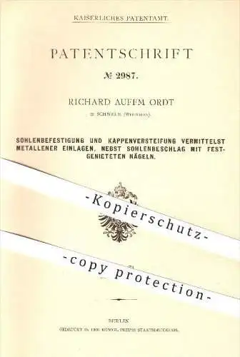 original Patent - R. Auffm Ordt , Schwelm , 1877 , Sohlenbefestigung u. Kappenversteifung , Schuhe , Stiefel , Schuster